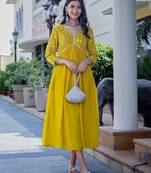 floral embroidered yellow v-neck reyon anarkali kurti
