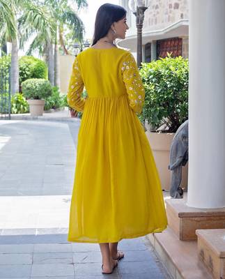 floral embroidered yellow v-neck reyon anarkali kurti 2