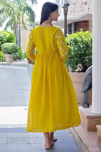 floral embroidered yellow v-neck reyon anarkali kurti