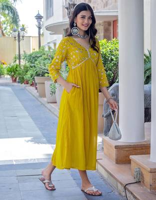 floral embroidered yellow v-neck reyon anarkali kurti 3