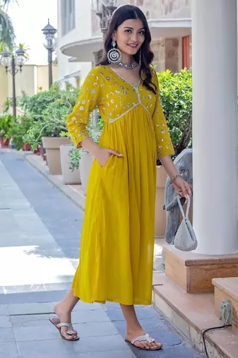 floral embroidered yellow v-neck reyon anarkali kurti