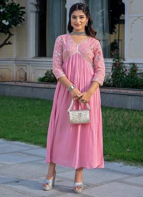floral embroidered pink v-neck reyon anarkali kurti 1