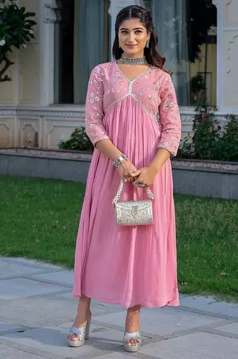 Aaysa floral embroidered pink v-neck reyon anarkali kurti