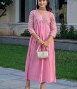 floral embroidered pink v-neck reyon anarkali kurti