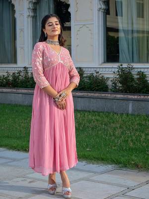 floral embroidered pink v-neck reyon anarkali kurti 2