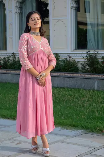 floral embroidered pink v-neck reyon anarkali kurti
