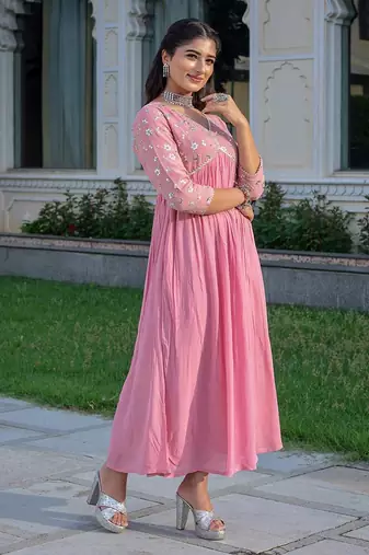 floral embroidered pink v-neck reyon anarkali kurti