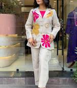 floral embroidered white v-neck pure cotton co-ord set