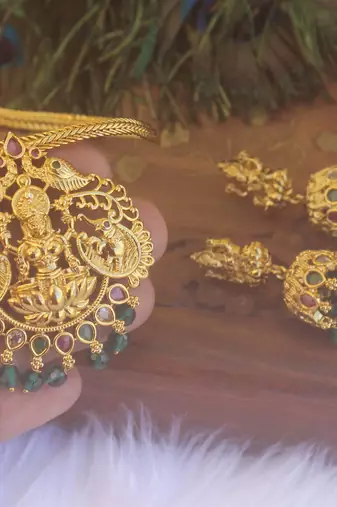 Matte finish temple peacock  necklace set
