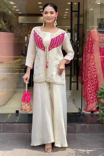 floral embroidered white round neck  silk co-ord set