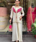 floral embroidered white round neck  silk co-ord set