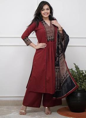 floral embroidered brown v-neck  cotton a-line kurta with trouser & dupatta 1