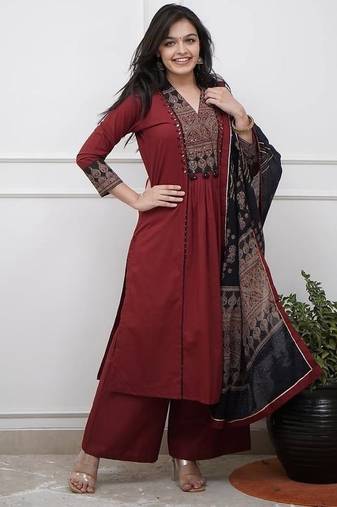 Aaysa floral embroidered brown v-neck pure cotton a-line kurta with trouser & dupatta