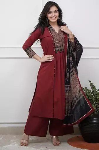 Aaysa floral embroidered brown v-neck pure cotton a-line kurta with trouser & dupatta