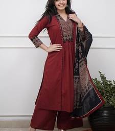 Aaysa floral embroidered brown v-neck pure cotton a-line kurta with trouser & dupatta