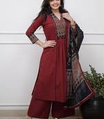 Aaysa floral embroidered brown v-neck pure cotton a-line kurta with trouser & dupatta