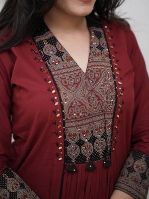 floral embroidered brown v-neck  cotton a-line kurta with trouser & dupatta 3