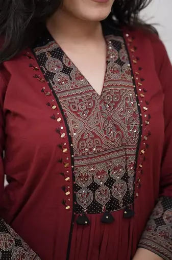 floral embroidered brown v-neck pure cotton a-line kurta with trouser & dupatta
