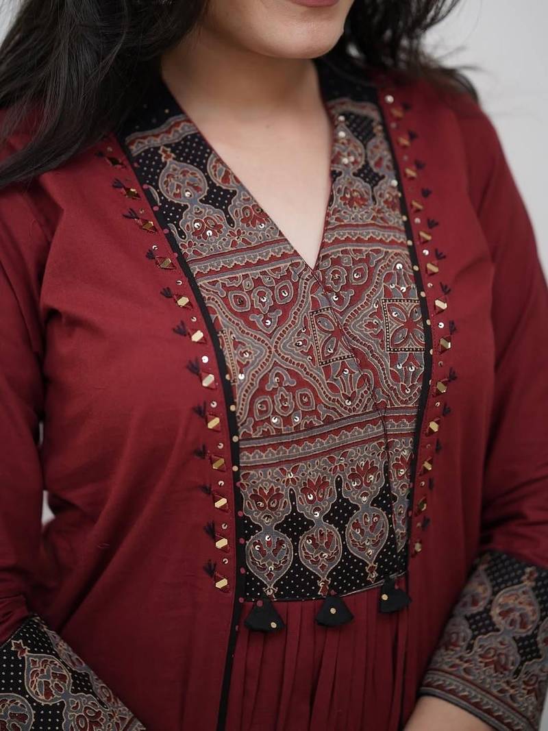 Aaysa floral embroidered brown v-neck pure cotton a-line kurta with trouser & dupatta