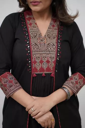 floral embroidered black v-neck  cotton a-line kurta with trouser & dupatta