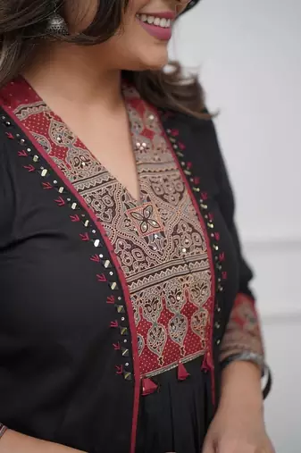 floral embroidered black v-neck  cotton a-line kurta with trouser & dupatta