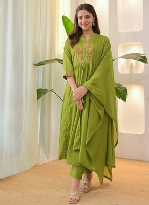 floral embroidered green round neck pure cotton a-line kurta with trouser & dupatta 1