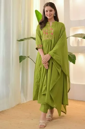 Aaysa floral embroidered green round neck pure cotton a-line kurta with trouser & dupatta