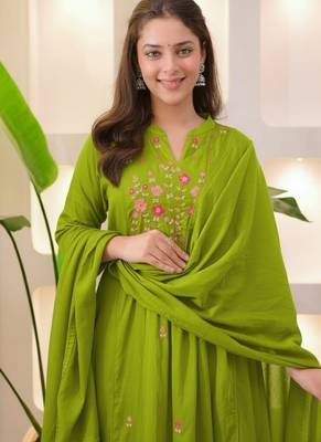 floral embroidered green round neck pure cotton a-line kurta with trouser & dupatta 2