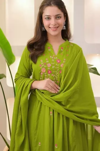 floral embroidered green round neck  cotton a-line kurta with trouser & dupatta