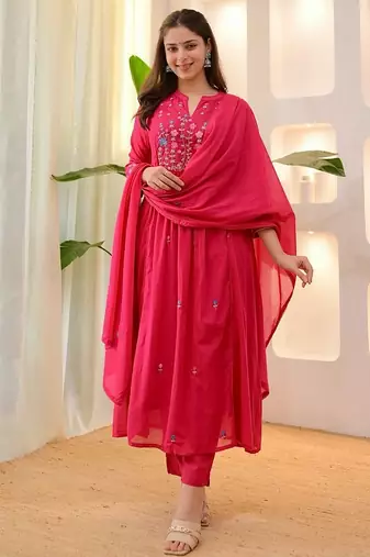 Aaysa floral embroidered pink round neck pure cotton a-line kurta with trouser & dupatta
