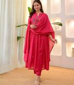 Aaysa floral embroidered pink round neck pure cotton a-line kurta with trouser & dupatta