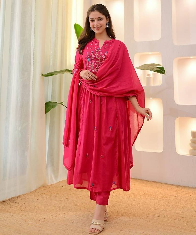 Aaysa floral embroidered pink round neck pure cotton a-line kurta with trouser & dupatta