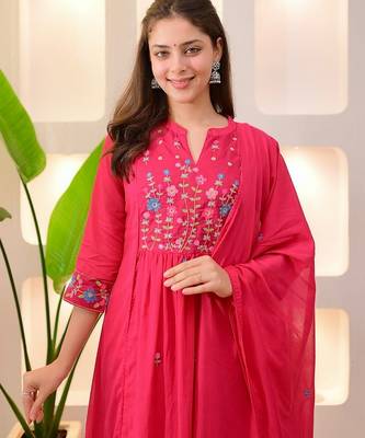 floral embroidered pink round neck pure cotton a-line kurta with trouser & dupatta 2