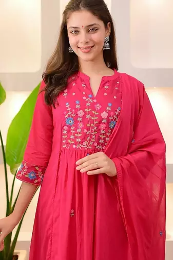 floral embroidered pink round neck  cotton a-line kurta with trouser & dupatta