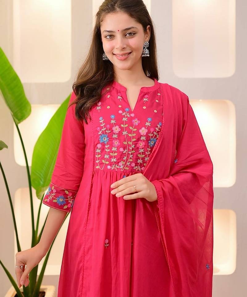 Aaysa floral embroidered pink round neck pure cotton a-line kurta with trouser & dupatta