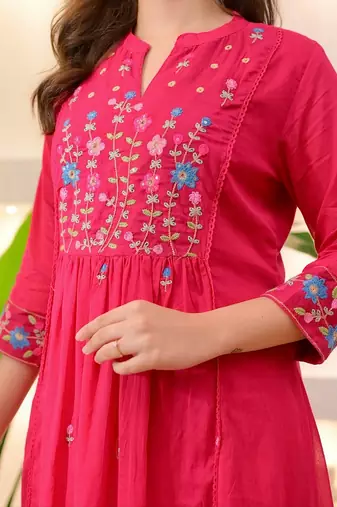 floral embroidered pink round neck  cotton a-line kurta with trouser & dupatta