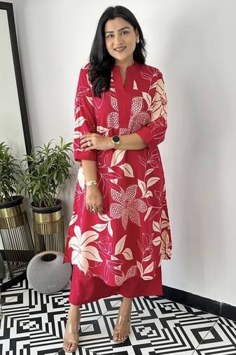 floral printed red round neck pure cotton a-line kurta with trouser