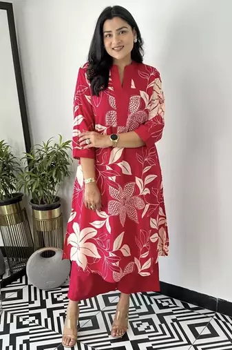 Aaysa floral printed red round neck pure cotton a-line kurta with trouser