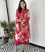 Aaysa floral printed red round neck pure cotton a-line kurta with trouser