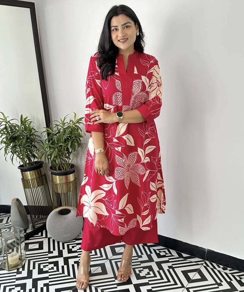 Aaysa floral printed red round neck pure cotton a-line kurta with trouser