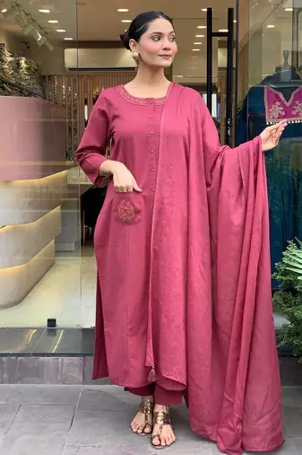 Aaysa floral embroidered maroon round neck pure cotton a-line kurta with trouser and dupatta