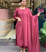 Aaysa floral embroidered maroon round neck pure cotton a-line kurta with trouser and dupatta