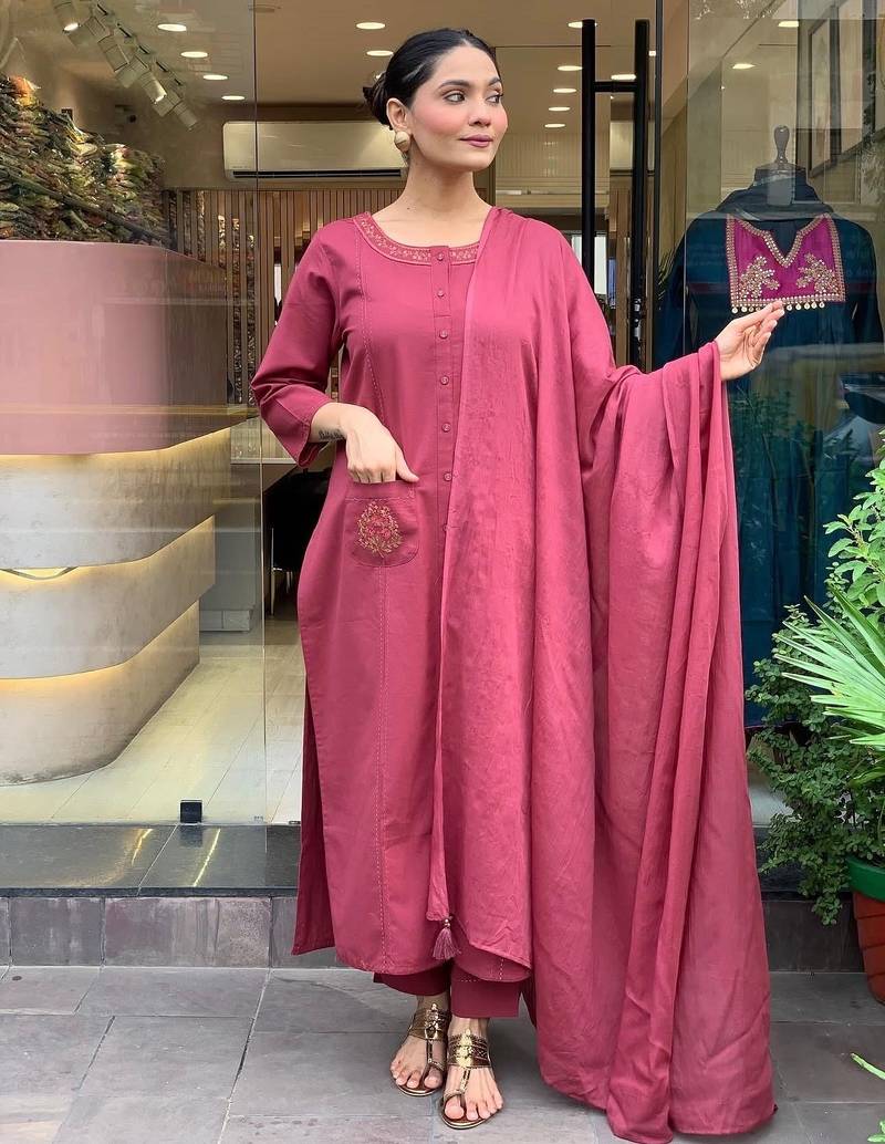 Aaysa floral embroidered maroon round neck pure cotton a-line kurta with trouser and dupatta