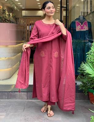 floral embroidered maroon round neck pure cotton a-line kurta with trouser and dupatta 2