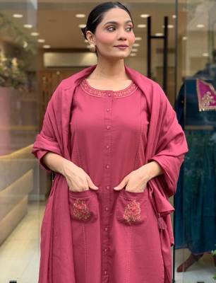 floral embroidered maroon round neck pure cotton a-line kurta with trouser and dupatta 3
