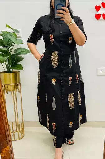 Aaysa floral printed black round neck pure cotton a-line kurta with trouser