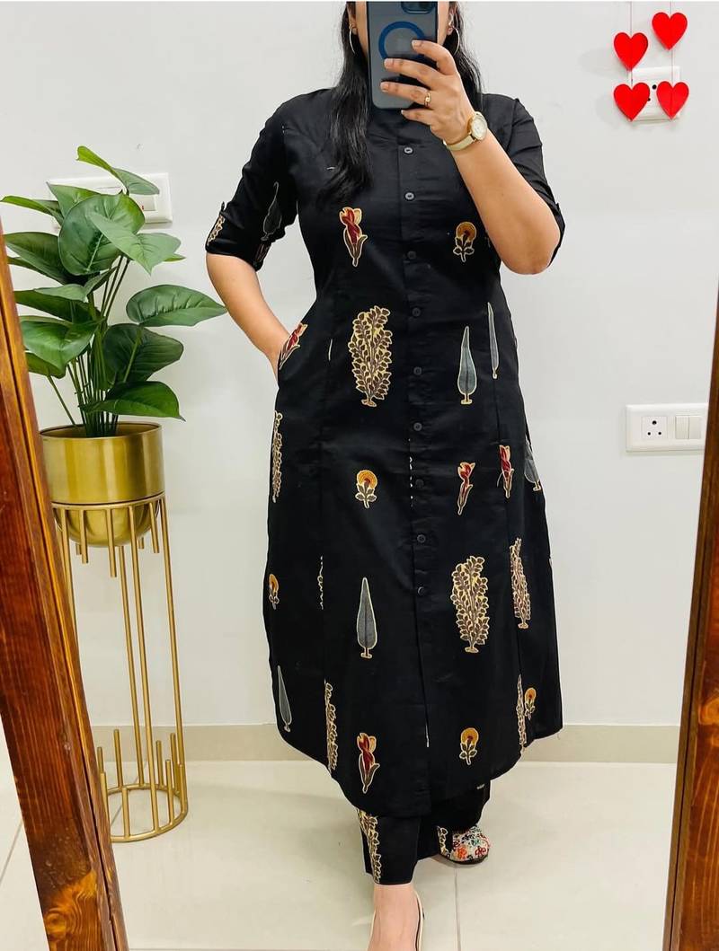 Aaysa floral printed black round neck pure cotton a-line kurta with trouser
