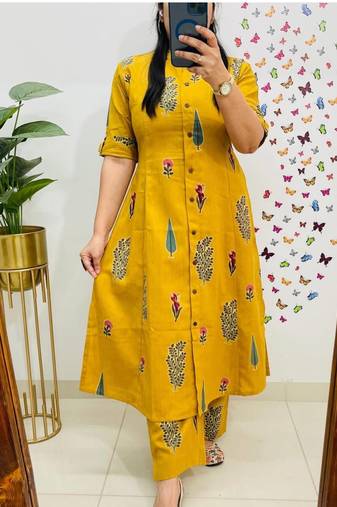 floral printed yellow round neck pure cotton a-line kurta with trouser