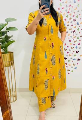 floral printed yellow round neck  cotton a-line kurta with trouser 2