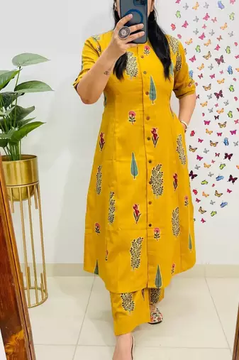 floral printed yellow round neck  cotton a-line kurta with trouser